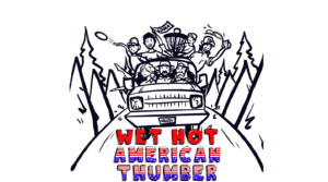 Wet Hot American Thumber tournament illustration shows a car with many simply-drawn people leaning out with flags, throwing discs and raising beverages in the air while driving along a mountain road